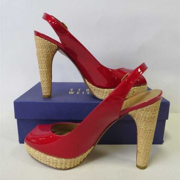 Stuart Weitzman SPRINGFLING  Red PATENT LEATHER Slingback PUMPS Size 8.5 NEW - Picture 3 of 12